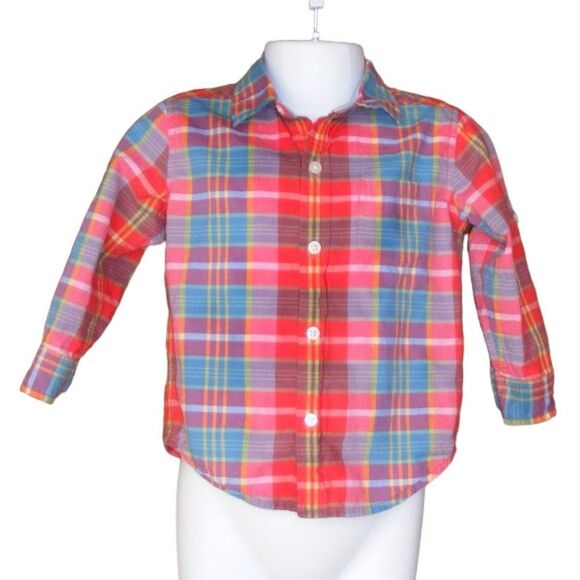 JANIE & JACK Shirt, 18-24mo, Red/blue Plaid Button down, Tab Sleeves, Cotton - Picture 1 of 8